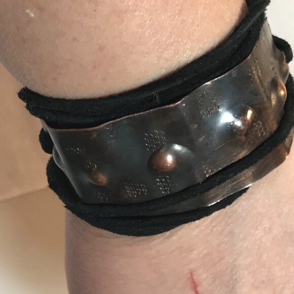 Handmade Ketoh Repousse Solid Copper Cuff Bracelet Genuine Leather Tie Wrap - Picture 12 of 15